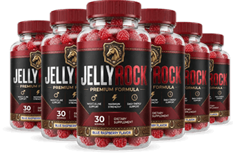 premium bottle of blue raspberry flavored men's wellness gummy supplement, black red and gold label 