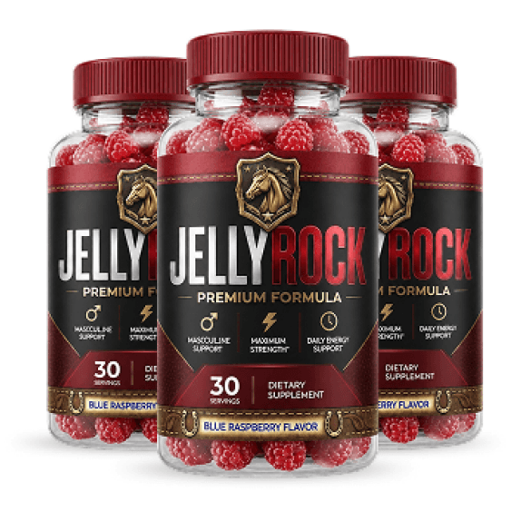 three bottles of blue raspberry gummy supplement grouped together, black red and gold label with hor